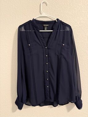 White House Black Market Navy Sheer Pintuck Button-Front Blouse - Women's 10